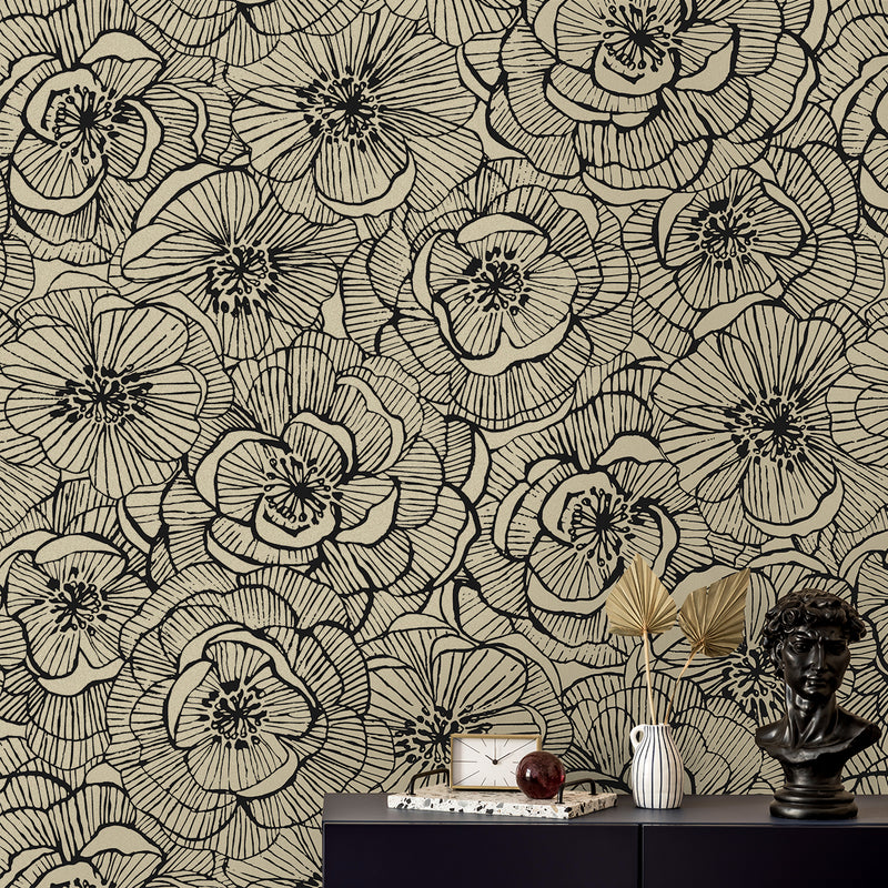 media image for Ellie Graphic Floral Peel & Stick Wallpaper in Gold Shimmer & Ebony 254