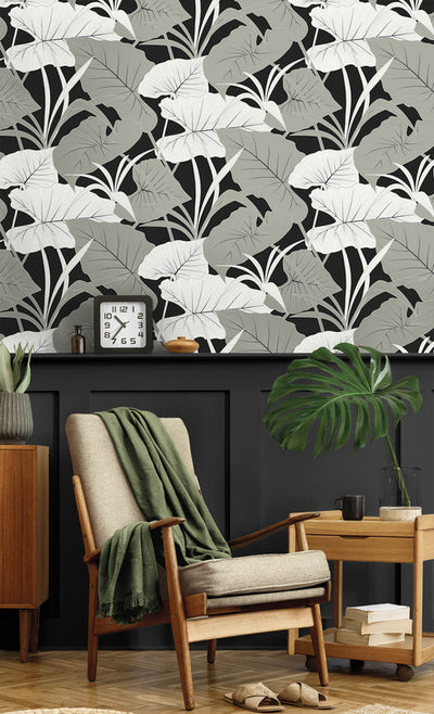 product image for Elephant Leaves Peel & Stick Wallpaper in Ebony & Metallic Silver 2