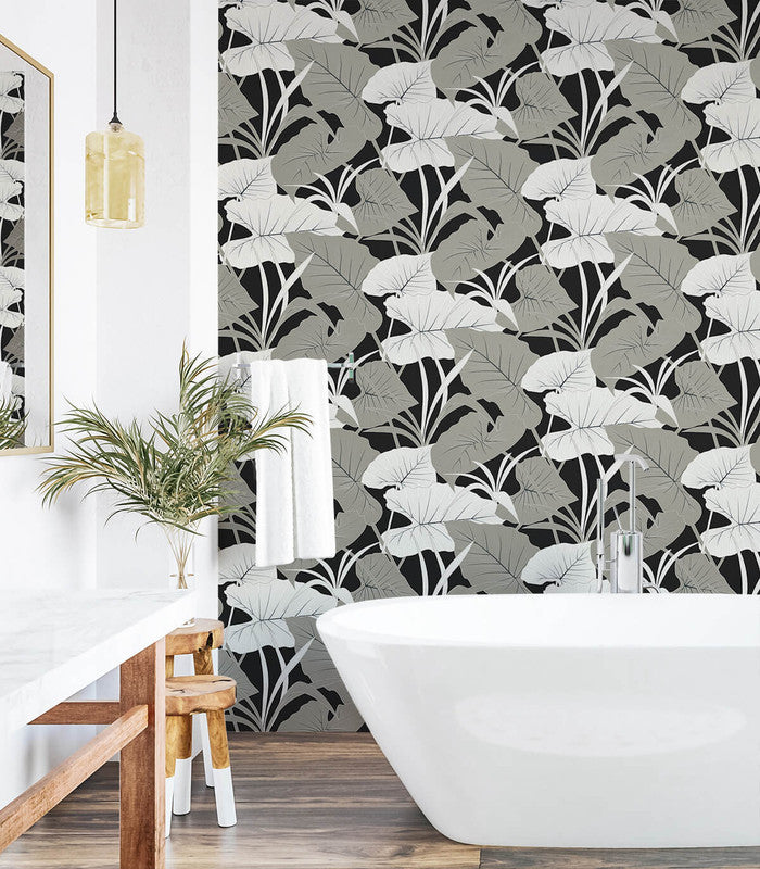 media image for Elephant Leaves Peel & Stick Wallpaper in Ebony & Metallic Silver 295