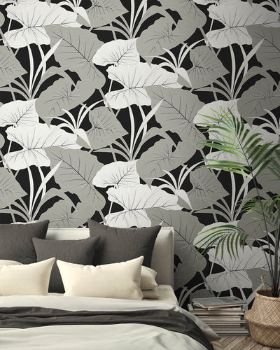 product image for Elephant Leaves Peel & Stick Wallpaper in Ebony & Metallic Silver 7