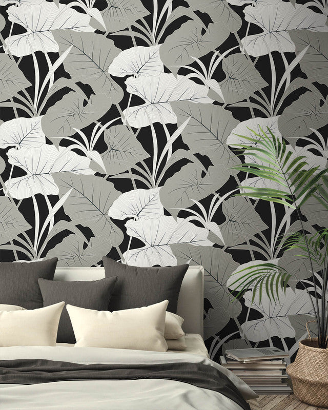 media image for Elephant Leaves Peel & Stick Wallpaper in Ebony & Metallic Silver 214