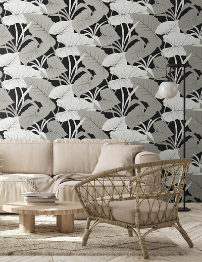 product image for Elephant Leaves Peel & Stick Wallpaper in Ebony & Metallic Silver 53