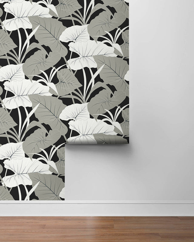 media image for Elephant Leaves Peel & Stick Wallpaper in Ebony & Metallic Silver 253