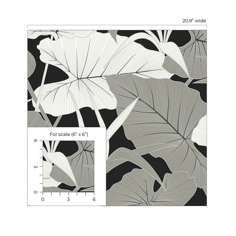 media image for Elephant Leaves Peel & Stick Wallpaper in Ebony & Metallic Silver 253