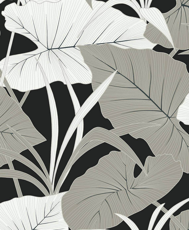 media image for Elephant Leaves Peel & Stick Wallpaper in Ebony & Metallic Silver 286