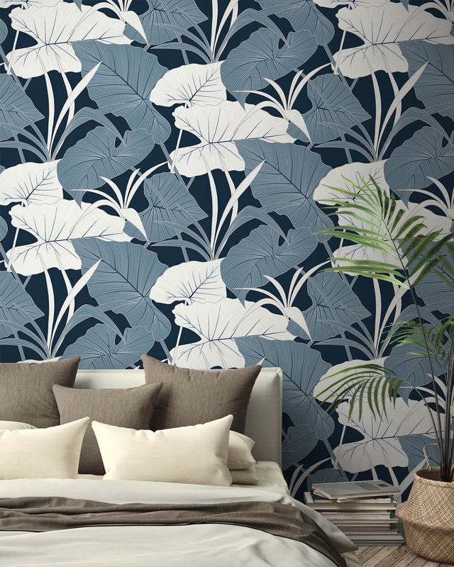 media image for Elephant Leaves Peel & Stick Wallpaper in Blue Lagoon 218