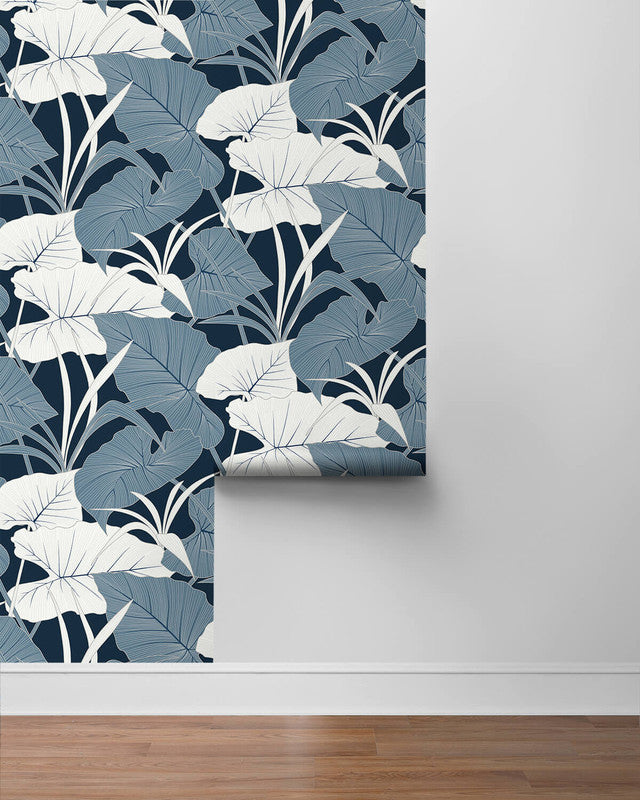 media image for Elephant Leaves Peel & Stick Wallpaper in Blue Lagoon 220