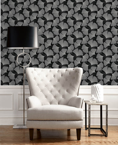 product image for Tossed Ginkgo Leaf Peel & Stick Wallpaper in Ebony & Greystone 61