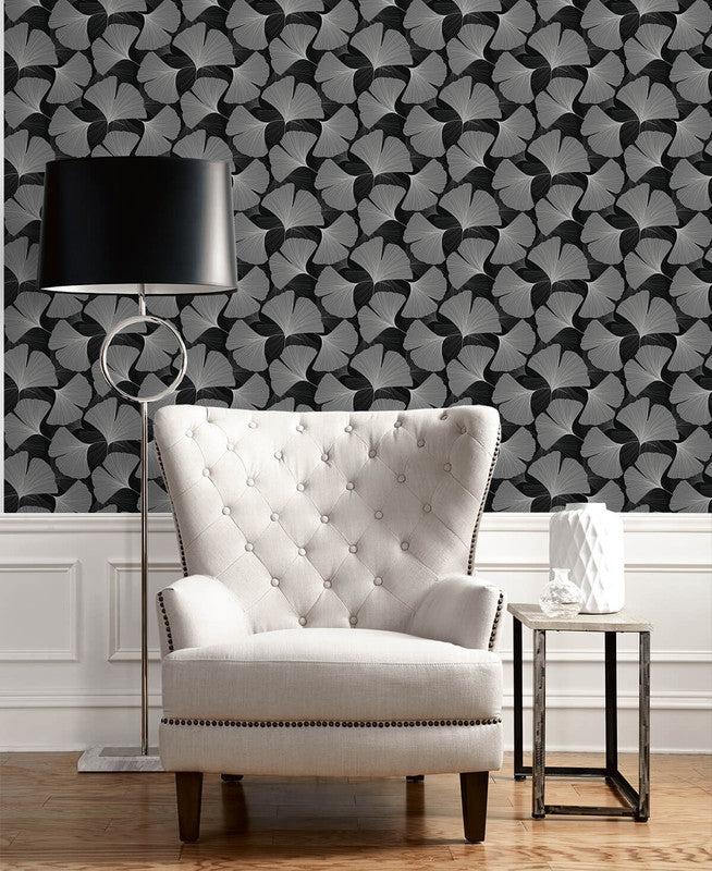 media image for Tossed Ginkgo Leaf Peel & Stick Wallpaper in Ebony & Greystone 21