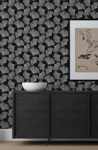 product image for Tossed Ginkgo Leaf Peel & Stick Wallpaper in Ebony & Greystone 49