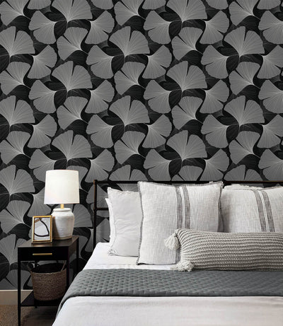 product image for Tossed Ginkgo Leaf Peel & Stick Wallpaper in Ebony & Greystone 38