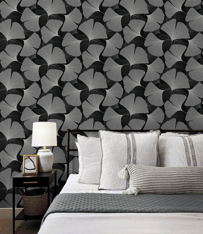 media image for Tossed Ginkgo Leaf Peel & Stick Wallpaper in Ebony & Greystone 272