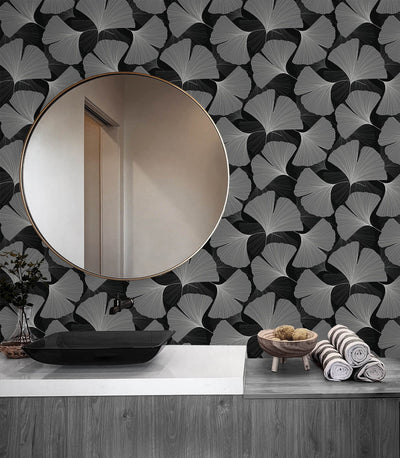 product image for Tossed Ginkgo Leaf Peel & Stick Wallpaper in Ebony & Greystone 8