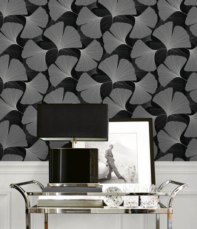 product image for Tossed Ginkgo Leaf Peel & Stick Wallpaper in Ebony & Greystone 41