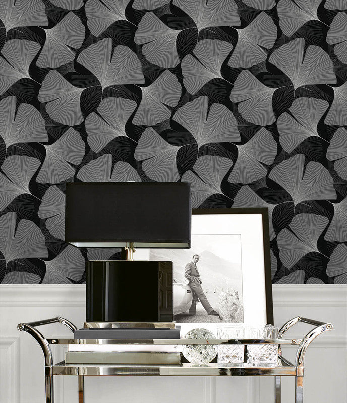 media image for Tossed Ginkgo Leaf Peel & Stick Wallpaper in Ebony & Greystone 216