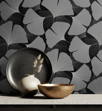 product image for Tossed Ginkgo Leaf Peel & Stick Wallpaper in Ebony & Greystone 94