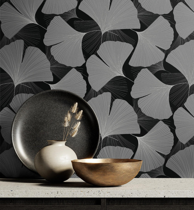 media image for Tossed Ginkgo Leaf Peel & Stick Wallpaper in Ebony & Greystone 252