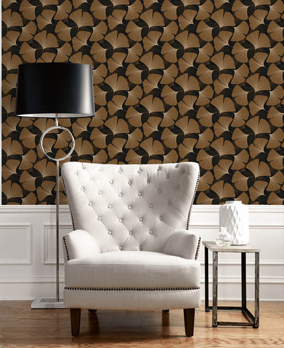 product image for Tossed Ginkgo Leaf Peel & Stick Wallpaper in Ebony & Metallic Copper 55