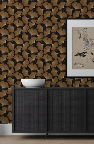 product image for Tossed Ginkgo Leaf Peel & Stick Wallpaper in Ebony & Metallic Copper 79