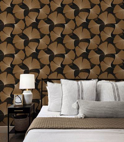 product image for Tossed Ginkgo Leaf Peel & Stick Wallpaper in Ebony & Metallic Copper 82