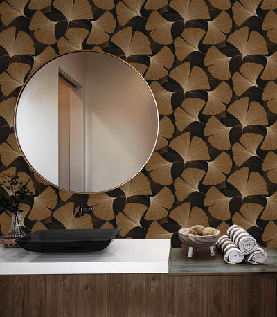 product image for Tossed Ginkgo Leaf Peel & Stick Wallpaper in Ebony & Metallic Copper 14