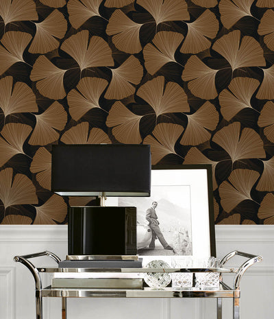 product image for Tossed Ginkgo Leaf Peel & Stick Wallpaper in Ebony & Metallic Copper 61