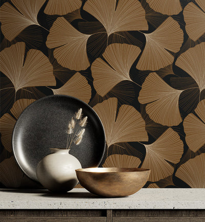 product image for Tossed Ginkgo Leaf Peel & Stick Wallpaper in Ebony & Metallic Copper 79