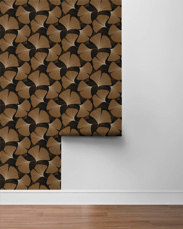 media image for Tossed Ginkgo Leaf Peel & Stick Wallpaper in Ebony & Metallic Copper 221