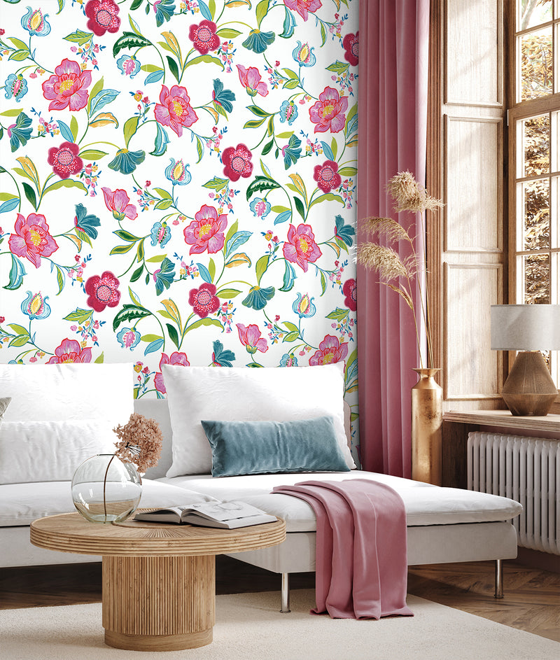 media image for Painterly Floral Peel & Stick Wallpaper in Magenta & Off-White 216