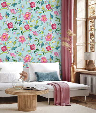 product image for Painterly Floral Peel & Stick Wallpaper in Light Aqua 52