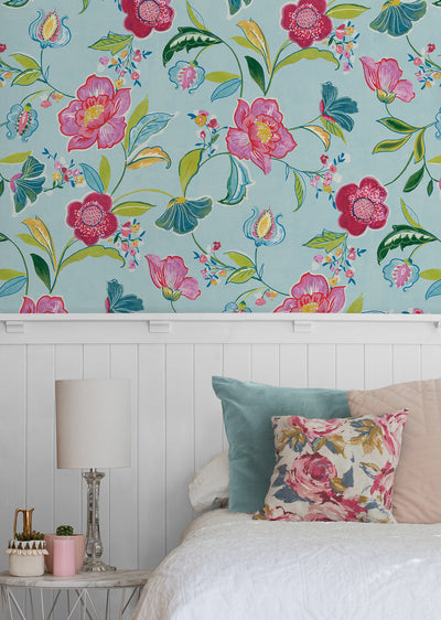 product image for Painterly Floral Peel & Stick Wallpaper in Light Aqua 89