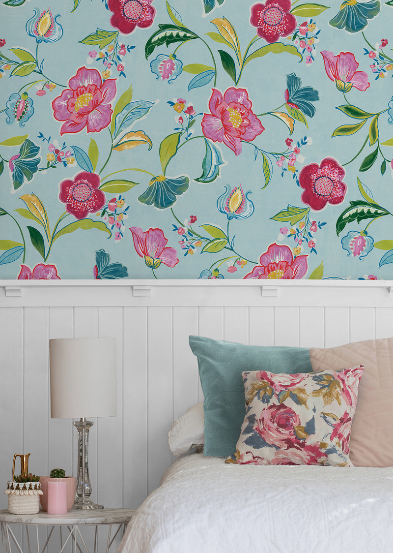 media image for Painterly Floral Peel & Stick Wallpaper in Light Aqua 222