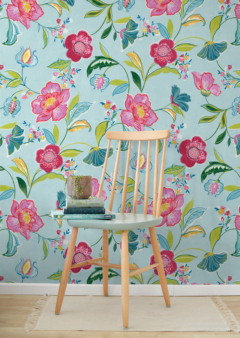 media image for Painterly Floral Peel & Stick Wallpaper in Light Aqua 248