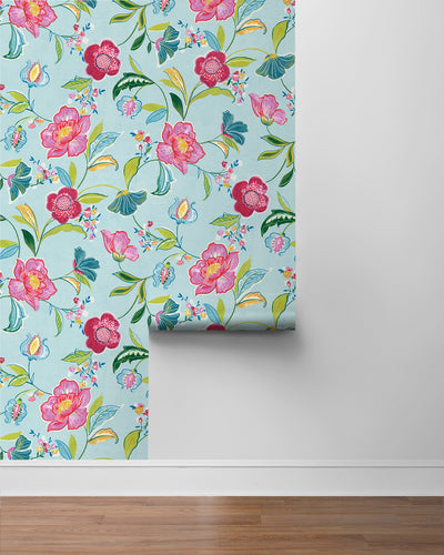 product image for Painterly Floral Peel & Stick Wallpaper in Light Aqua 83