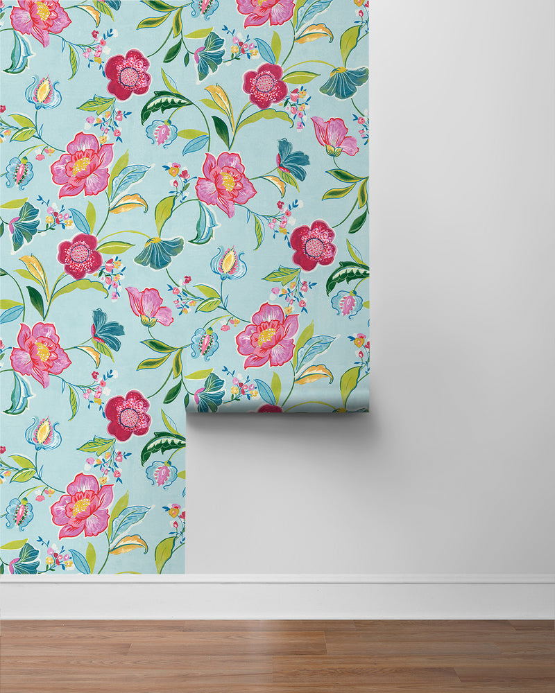 media image for Painterly Floral Peel & Stick Wallpaper in Light Aqua 210