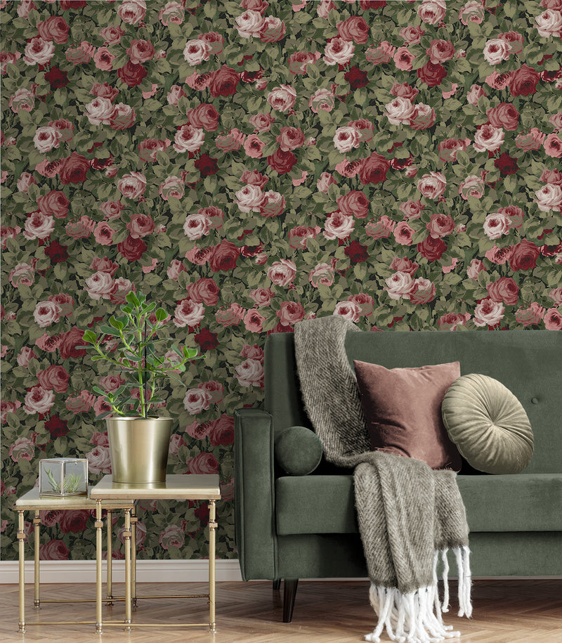 media image for Rose Garden Peel & Stick Wallpaper in Garnet & Basil 250