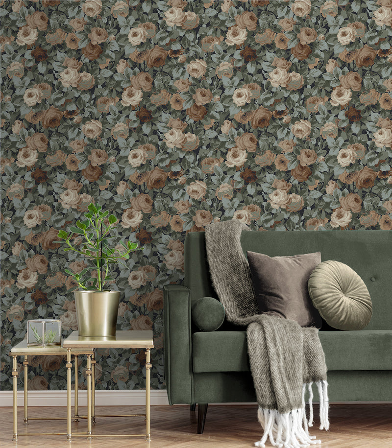 media image for Rose Garden Peel & Stick Wallpaper in Midnight Blue & Cafe 240