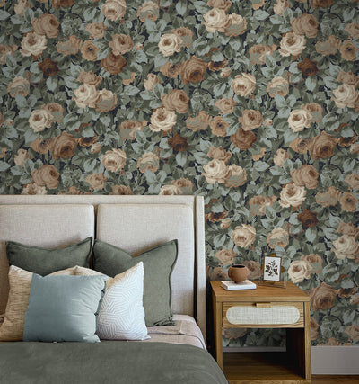 product image for Rose Garden Peel & Stick Wallpaper in Midnight Blue & Cafe 16