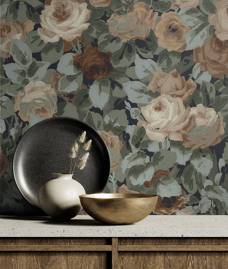 media image for Rose Garden Peel & Stick Wallpaper in Midnight Blue & Cafe 218