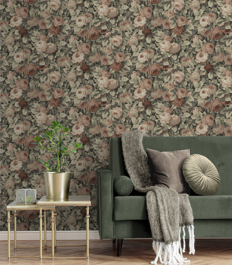 media image for Rose Garden Peel & Stick Wallpaper in Dusty Mauve & Ash Grey 210