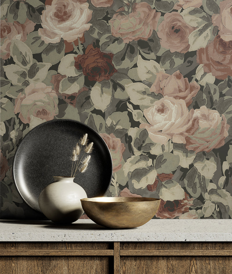 media image for Rose Garden Peel & Stick Wallpaper in Dusty Mauve & Ash Grey 249