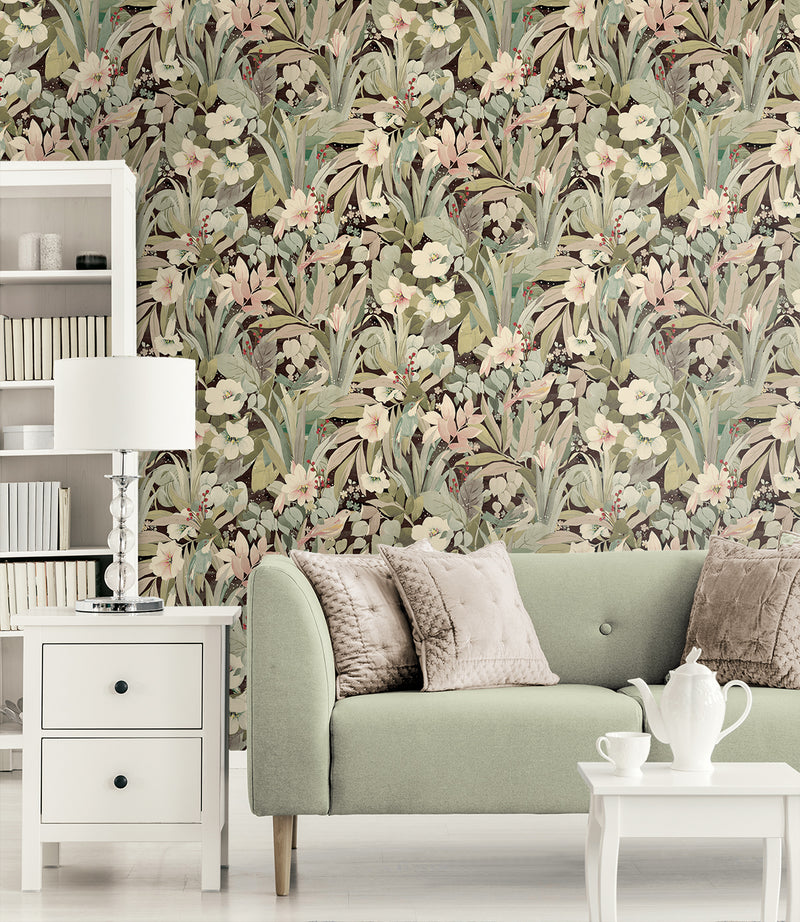 media image for Blossoming Birds Peel & Stick Wallpaper in Sage & Ash Brown 278