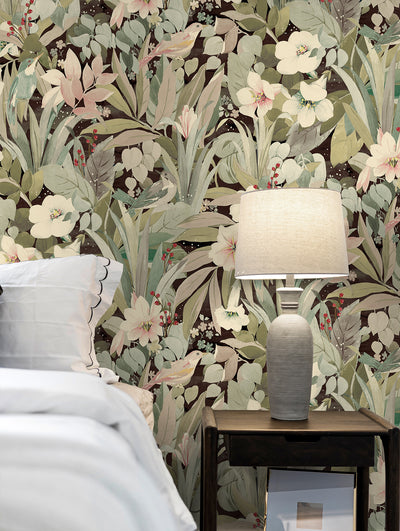 product image for Blossoming Birds Peel & Stick Wallpaper in Sage & Ash Brown 40