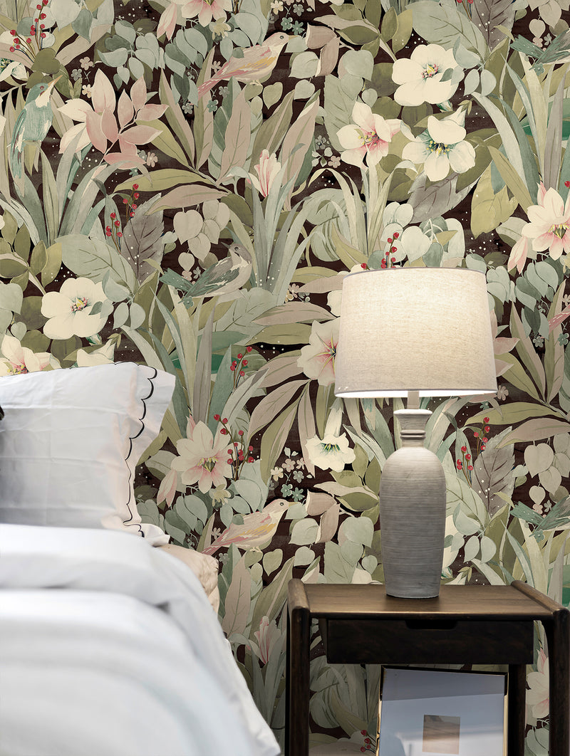 media image for Blossoming Birds Peel & Stick Wallpaper in Sage & Ash Brown 252