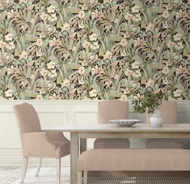 media image for Blossoming Birds Peel & Stick Wallpaper in Sage & Ash Brown 218