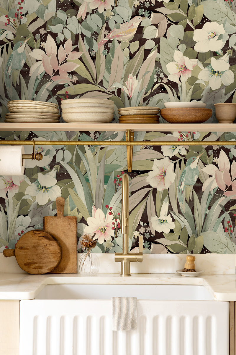 media image for Blossoming Birds Peel & Stick Wallpaper in Sage & Ash Brown 299