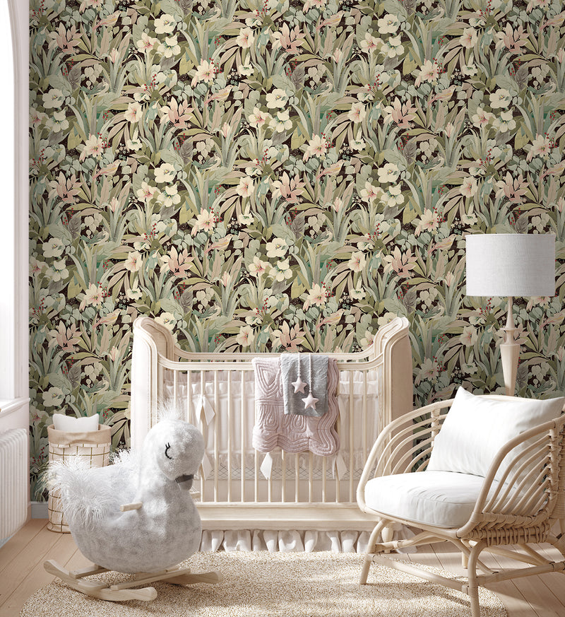 media image for Blossoming Birds Peel & Stick Wallpaper in Sage & Ash Brown 267