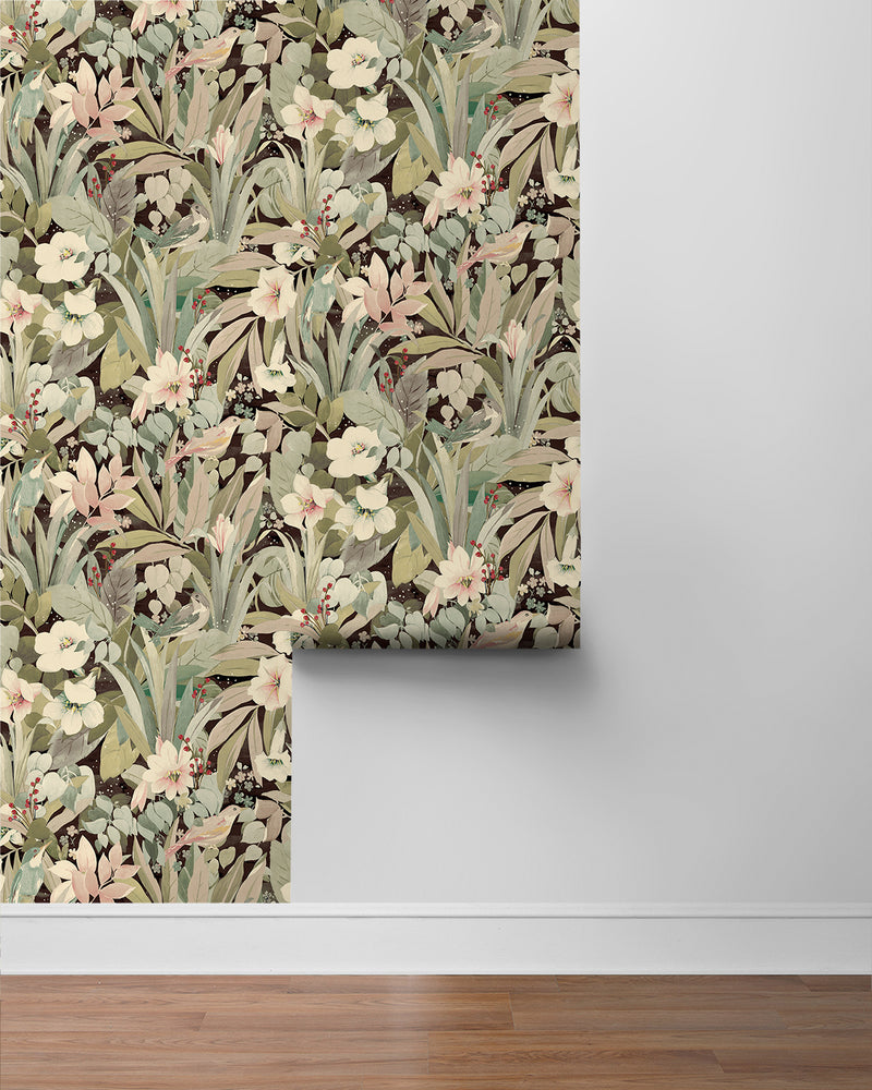 media image for Blossoming Birds Peel & Stick Wallpaper in Sage & Ash Brown 22