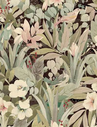 product image of Blossoming Birds Peel & Stick Wallpaper in Sage & Ash Brown 576