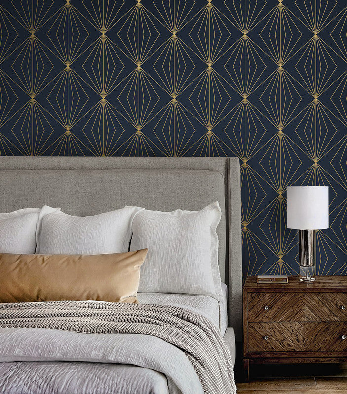 media image for Gem Geometric Peel & Stick Wallpaper in Dark Blue & Metallic Gold 229